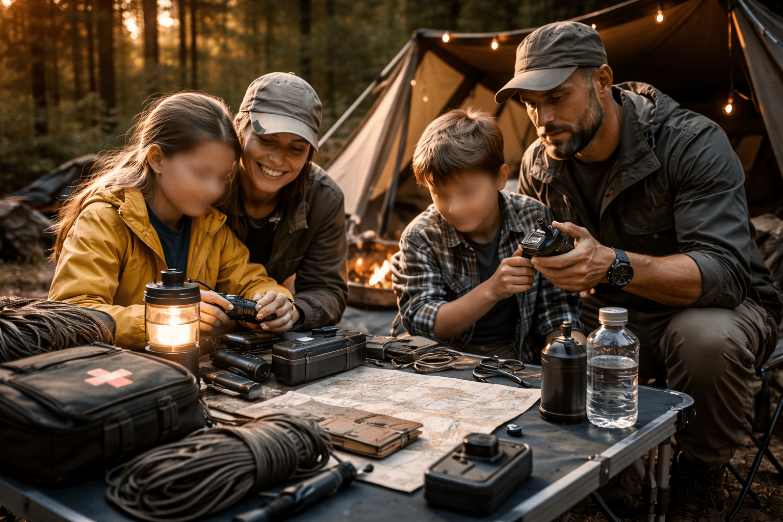 Familia practicando preparacionismo con equipo básico en un entorno natural, con menores y rostros difuminados.