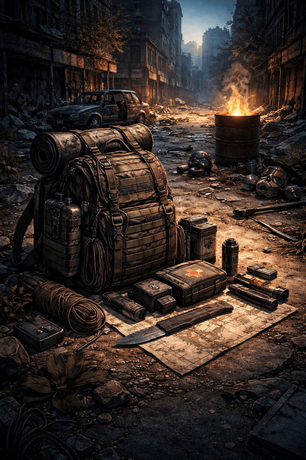 Equipo de supervivencia urbana preparado en un entorno urbano degradado sin presencia humana