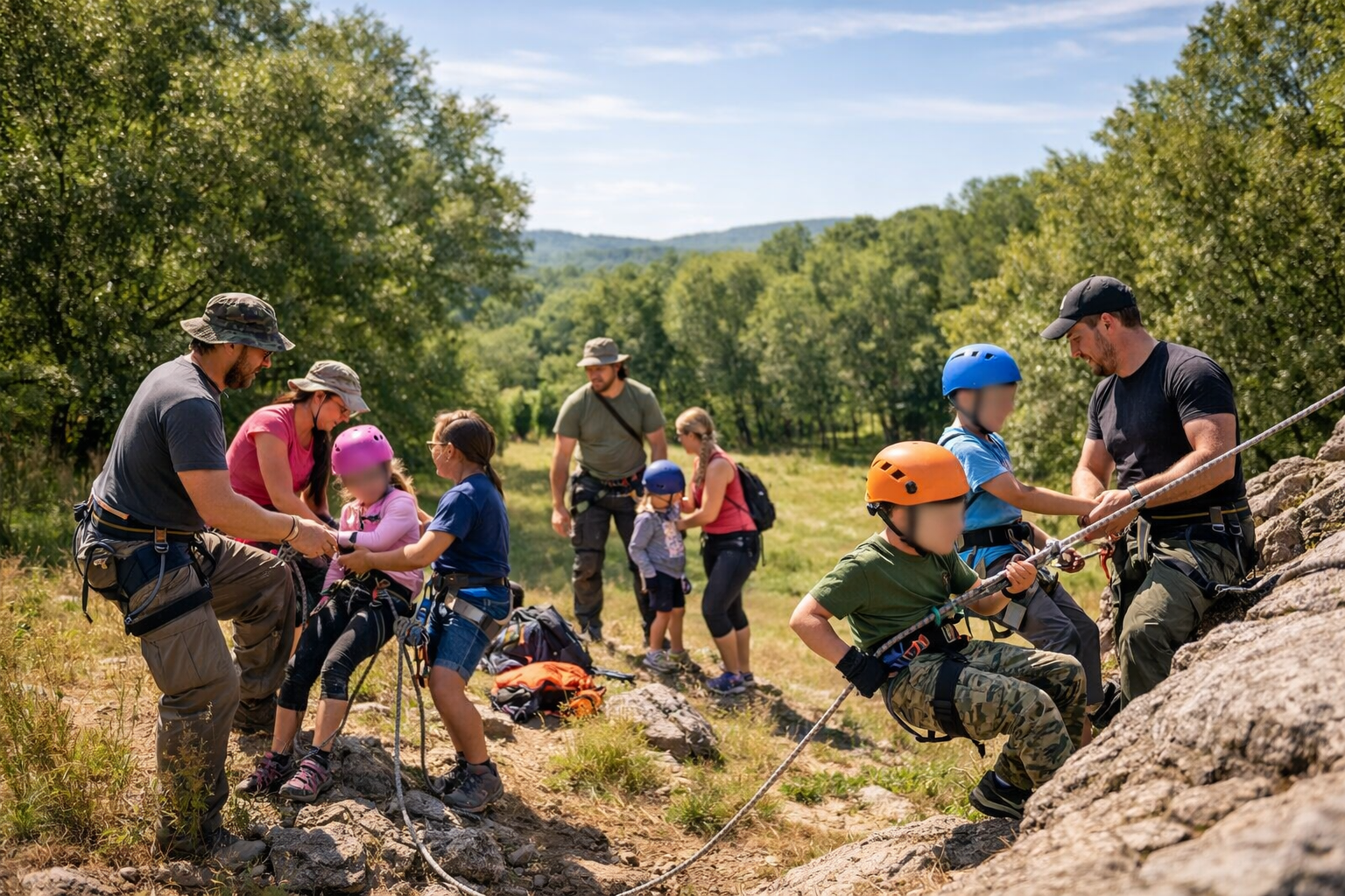 Varias familias practicando rappel y actividades de supervivencia en un campo amplio con árboles y buen clima. Las caras de los niños están difuminadas.