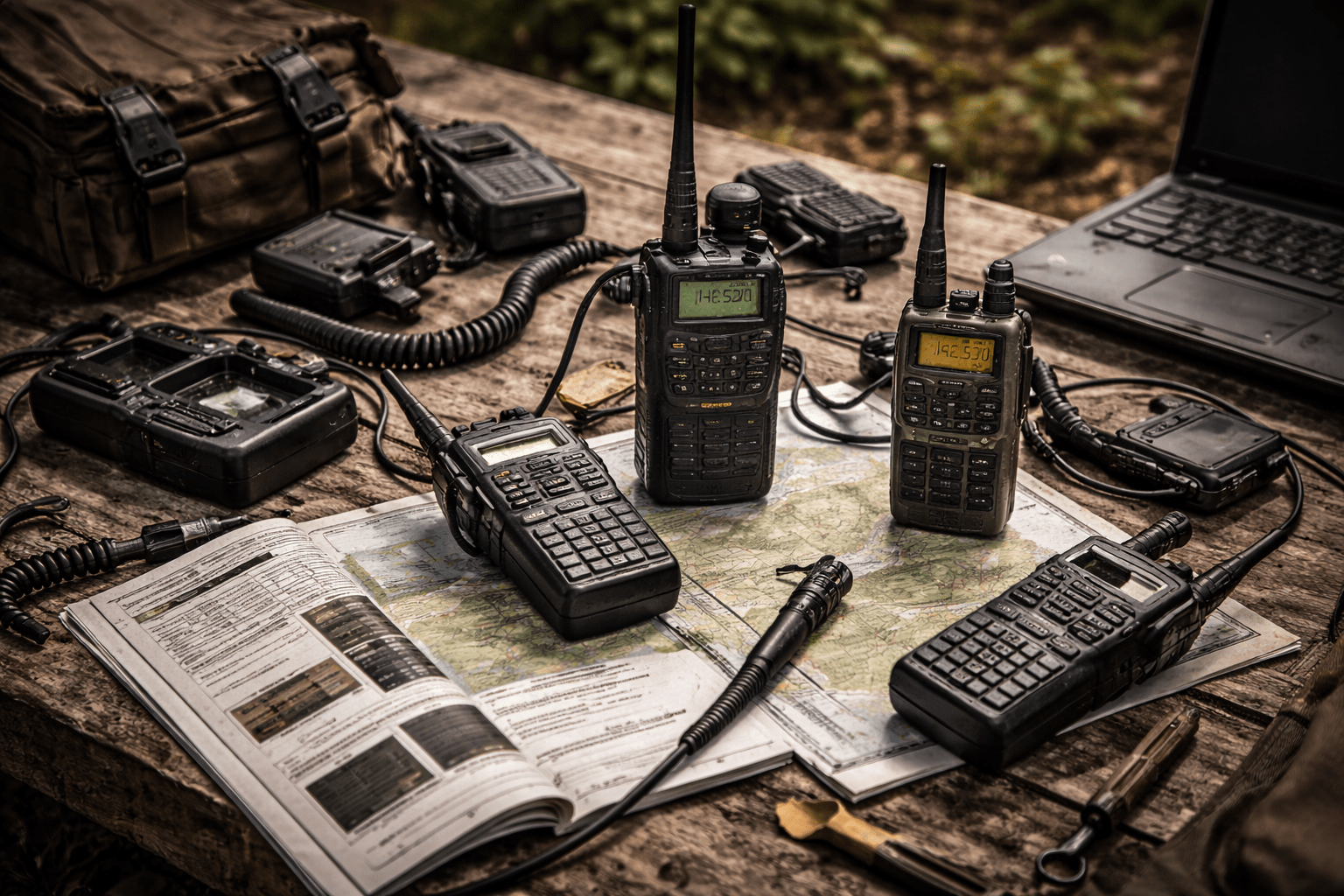 Walkie-talkies, manuales y accesorios de comunicación al aire libre sobre una mesa rústica, listos para un taller práctico