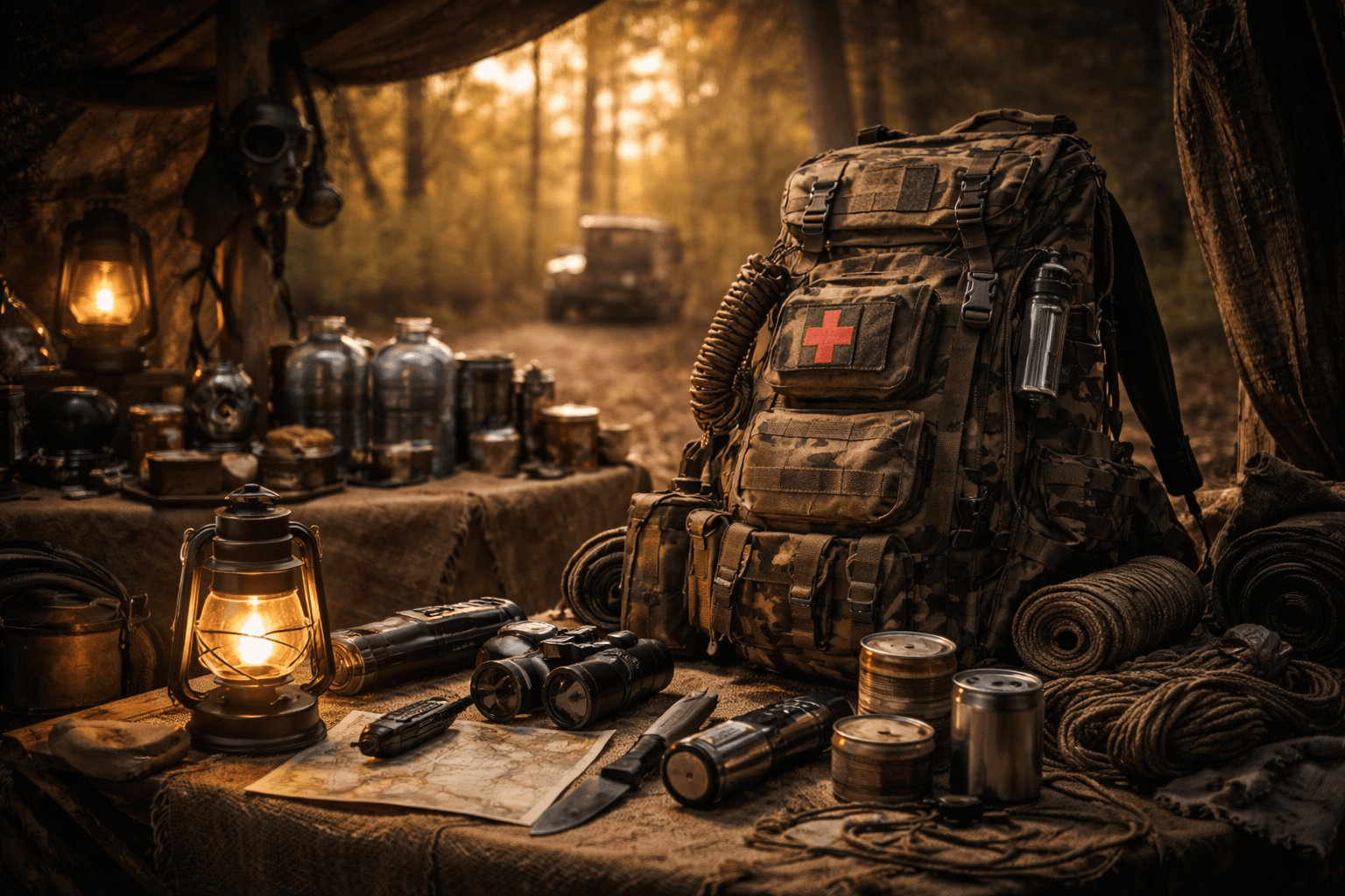 Equipo de preparacionismo con mochila de emergencia, suministros esenciales y material de supervivencia organizado en un refugio al aire libre.