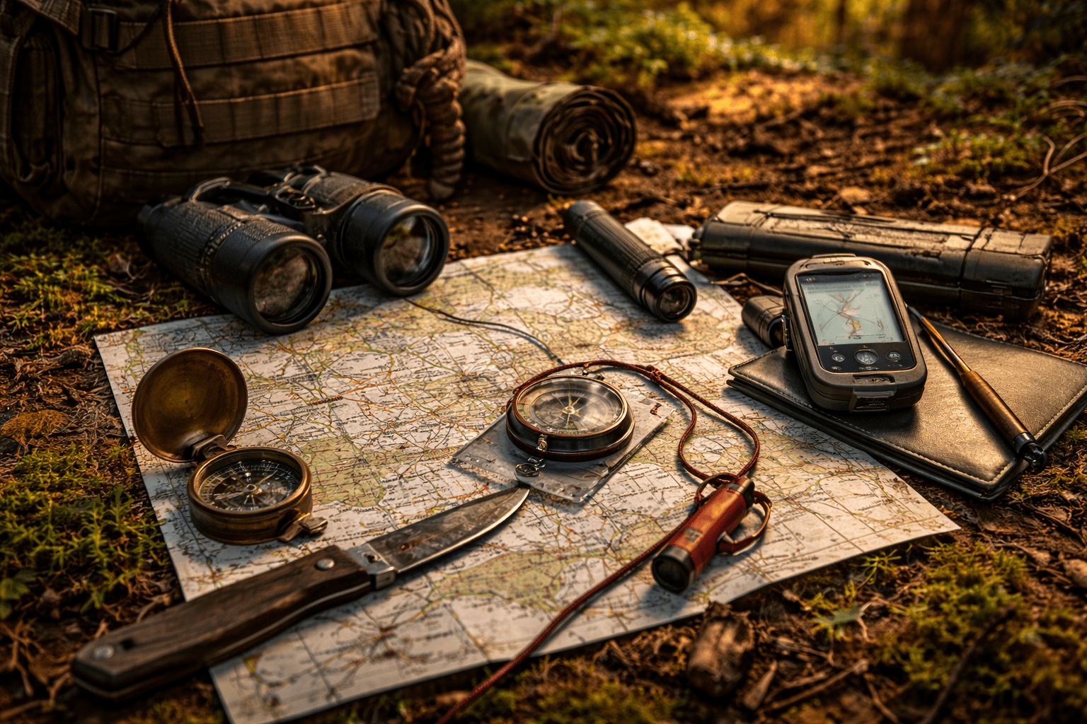 Equipo básico de orientación con mapa y brújula desplegado en un entorno natural