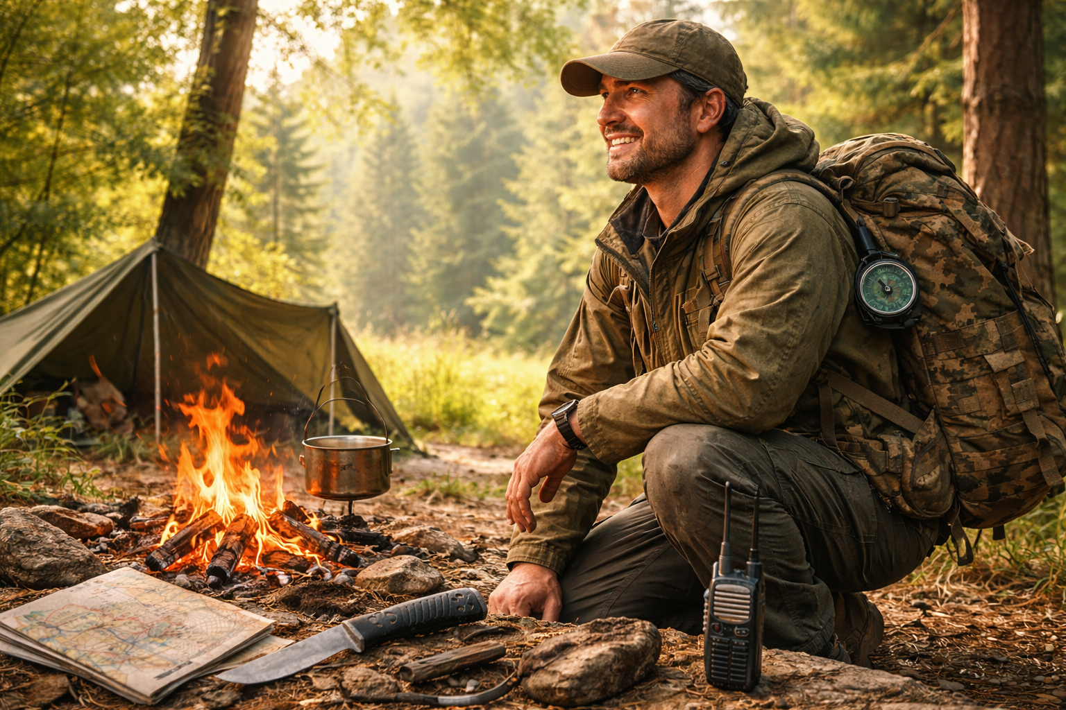 Instructor de supervivencia al aire libre mostrando técnicas de orientación y uso de kits de emergencia junto a un refugio y fuego de campamento. Título (title):