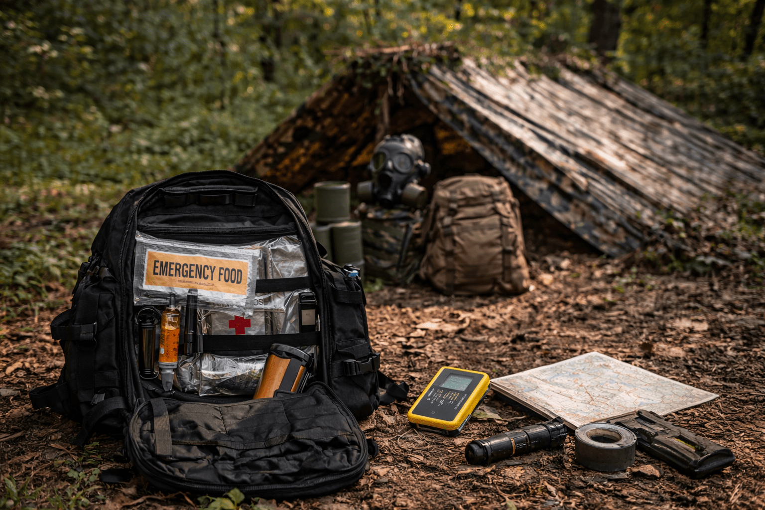 Equipo de supervivencia y preparacionismo con mochila táctica, kits de emergencia y refugio de fortuna en un entorno natural.